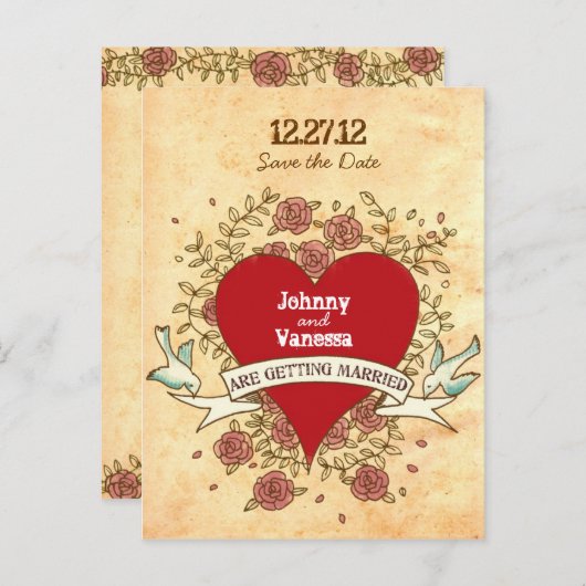 Carte Postale Faire-part Mariage Cœur Bohème, Roses, Oiseaux et Bannière (Devant / Derrière)