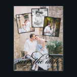 Carte Postale Faire-part Mariage Collage Photo Romantique Écriture Noire<br><div class="desc">Carte postale de sauvegarde de date que vous pouvez personnaliser avec quatre de vos propres photos. Une grande photo couvre la carte postale,  et trois plus petites sont placées en haut. Enregistrer la date est écrit dans un joli script avec des volutes en noir.</div>