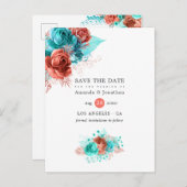 Carte Postale Faire-part Mariage Corail Vivant et Turquoise Enregistrez la (Devant / Derrière)