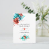 Carte Postale Faire-part Mariage Corail Vivant et Turquoise Enregistrez la (Debout devant)