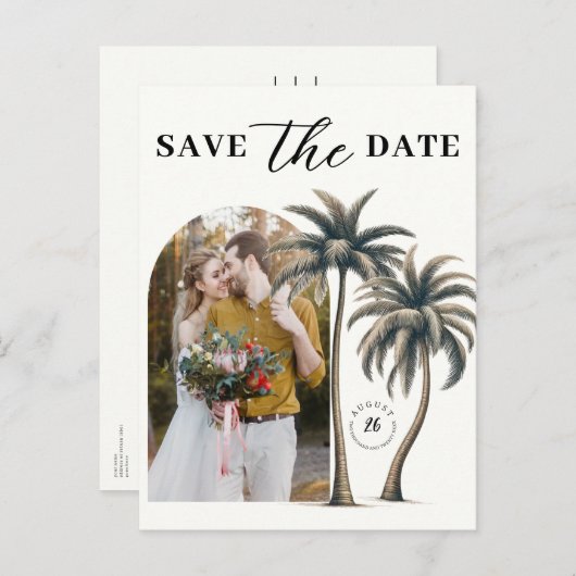 Carte Postale Faire-part Mariage côtier de palmiers tropicaux Photo Enregis (Devant / Derrière)