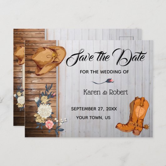 Carte Postale Faire-part Mariage Country Western Rustique Enregistrer la Da (Devant / Derrière)
