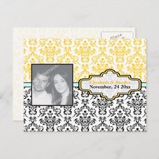 Carte Postale Faire-part Mariage damas noir jaune aqua Enregistrer la Date (Devant / Derrière)