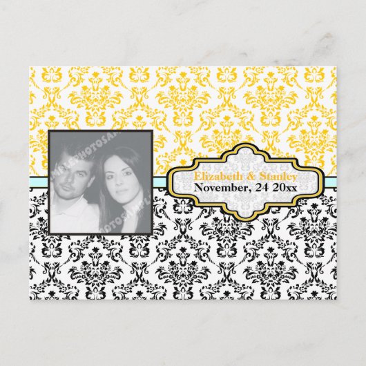 Carte Postale Faire-part Mariage damas noir jaune aqua Enregistrer la Date (Devant)