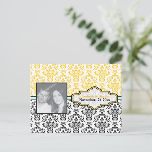 Carte Postale Faire-part Mariage damas noir jaune aqua Enregistrer la Date (Debout devant)