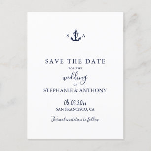 Carte Postale Faire-part Mariage d'Ancre bleu marine Monogram