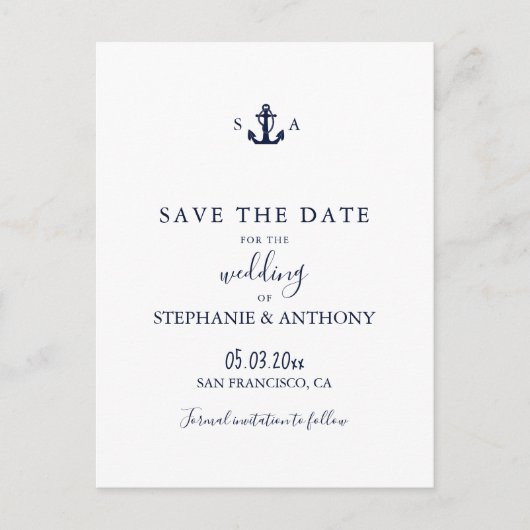 Carte Postale Faire-part Mariage d'Ancre bleu marine Monogram (Devant)