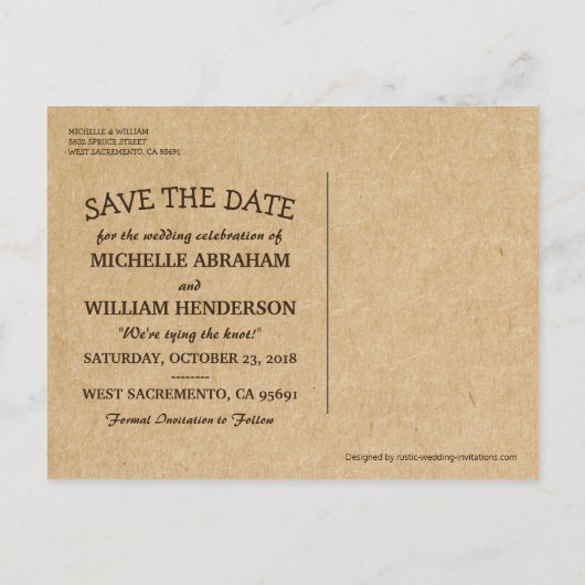 Carte Postale Faire-part Mariage dans l'arbre rustique Enregistrer la date (Dos)