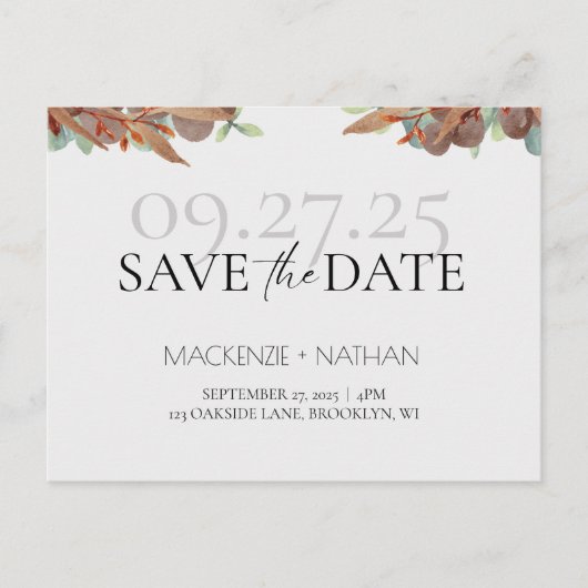 Carte Postale Faire-part Mariage d'automne à feuillage moderne, save the da (Devant)