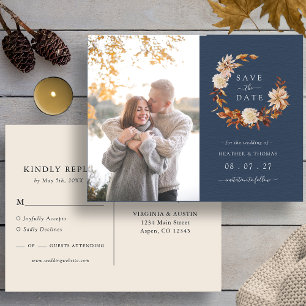 Carte Postale Faire-part Mariage d'automne Navy Photo Enregistrer la Date