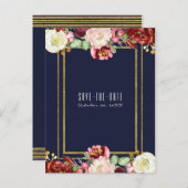 Carte Postale Faire-part Mariage de automne Blue Gold Floral Marsala Date d (Devant / Derrière)