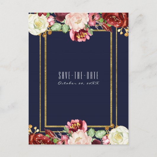 Carte Postale Faire-part Mariage de automne Blue Gold Floral Marsala Date d (Devant)