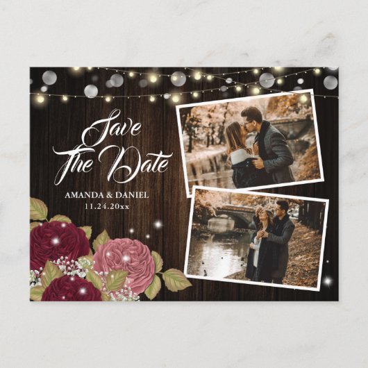 Carte Postale Faire-part Mariage de automne Burgundy Blush 2 Photo Enregist (Devant)