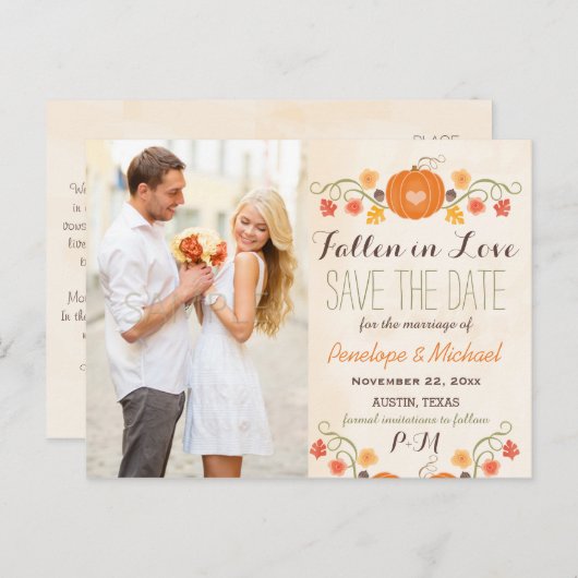 Carte Postale Faire-part Mariage de automne Citrouille Monogramme Enregistr (Devant / Derrière)