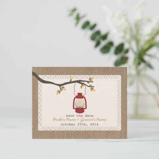 Carte Postale Faire-part Mariage de automne Lanterne Inspiré Burlap Enregis (Debout devant)