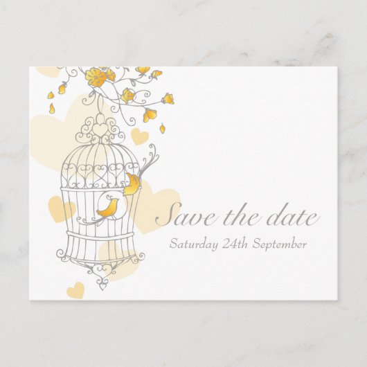 Carte Postale Faire-part mariage de cage d'oiseaux jaune enregistrer la car (Devant)
