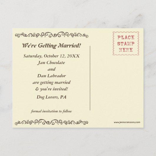 Carte Postale Faire-part Mariage de chiens Labradors au Chocolat Enregistre (Dos)