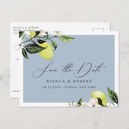 Carte Postale Faire-part Mariage de citrons botaniques Enregistrer la date (Devant / Derrière)