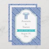 Carte Postale Faire-part Mariage de clé et de colonne en grec bleu Enregist (Devant / Derrière)