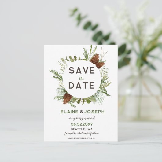 Carte Postale Faire-part Mariage de cône de pin conifère rustique Enregistr (Debout devant)