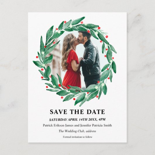 Carte Postale Faire-part Mariage de couronne de Noël d'hiver enregistrer la (Devant)