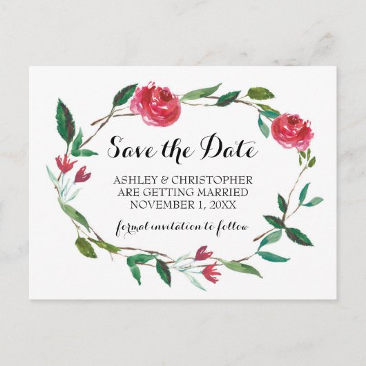Carte Postale Faire-part Mariage de couronne Enregistrer la date - roses bo (Devant)