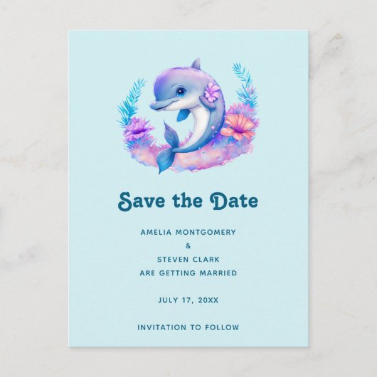 Carte Postale Faire-part Mariage de créature marine dauphin mignon (Devant)