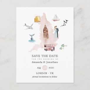 Carte Postale Faire-part Mariage de destination aquarelle Angleterre Royaum