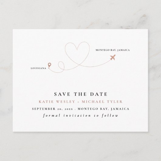 Carte Postale Faire-part Mariage de destination en Rose Gold - Sauvegarder (Devant)
