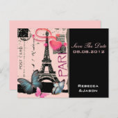 Carte Postale Faire-part mariage de destination tour eiffel rose paris (Devant / Derrière)