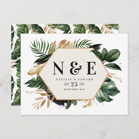 Carte Postale Faire-part mariage de feuillage tropical enregistrer la date (Devant / Derrière)