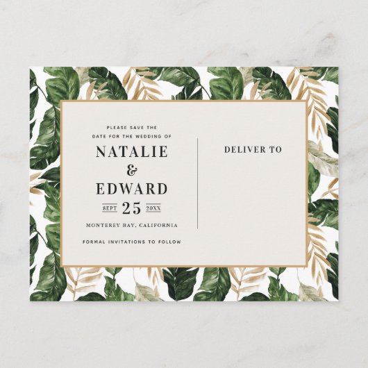 Carte Postale Faire-part mariage de feuillage tropical enregistrer la date (Dos)