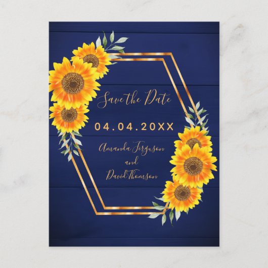 Carte Postale Faire-part Mariage de fleurs de soleil bleu marine rustique E (Devant)