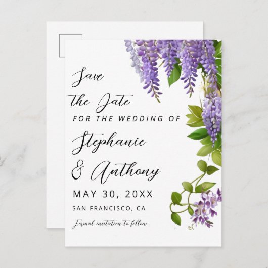 Carte Postale Faire-part Mariage de la glycine violette à pendaison botaniq (Devant / Derrière)