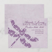 Carte Postale Faire-part Mariage de la Libellule en Damassé Violet (Devant / Derrière)