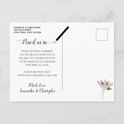 Carte Postale Faire-part Mariage de Lilacs rustiques Enregistrer la date La (Dos)