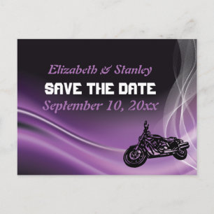 Carte Postale Faire-part Mariage de motards violets Enregistrer la date car