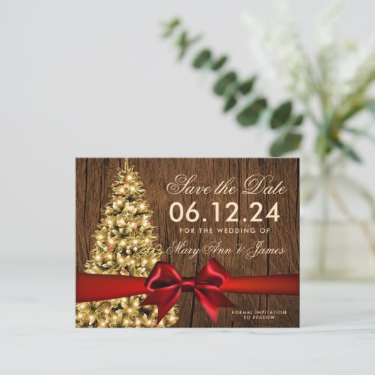 Carte Postale Faire-part Mariage de Noël rustique Enregistrer la date Arbre (Debout devant)