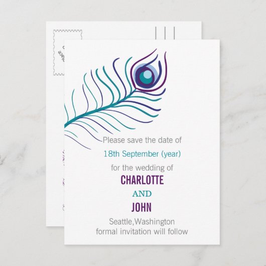 Carte Postale Faire-part Mariage de paon bleu turquoise violet enregistrer  (Devant / Derrière)