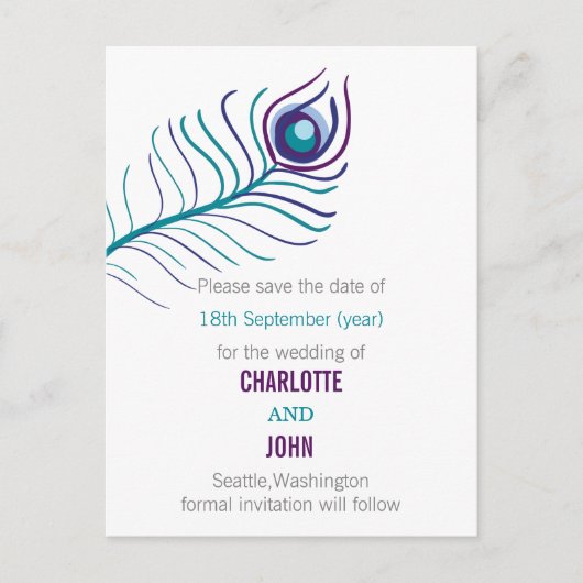 Carte Postale Faire-part Mariage de paon bleu turquoise violet enregistrer  (Devant)