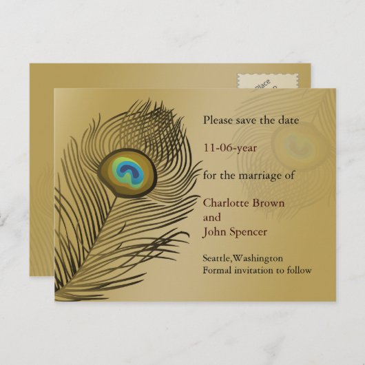 Carte Postale Faire-part mariage de paon or enregistrer la date (Devant / Derrière)