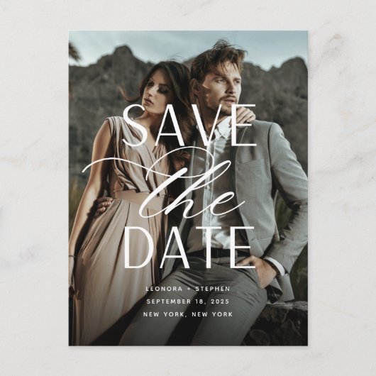 Carte Postale Faire-part Mariage de photo verticale de script lisse Enregis (Devant)