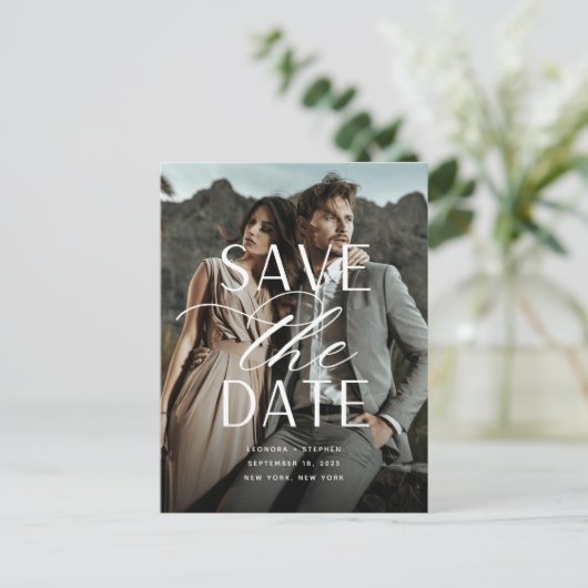Carte Postale Faire-part Mariage de photo verticale de script lisse Enregis (Debout devant)