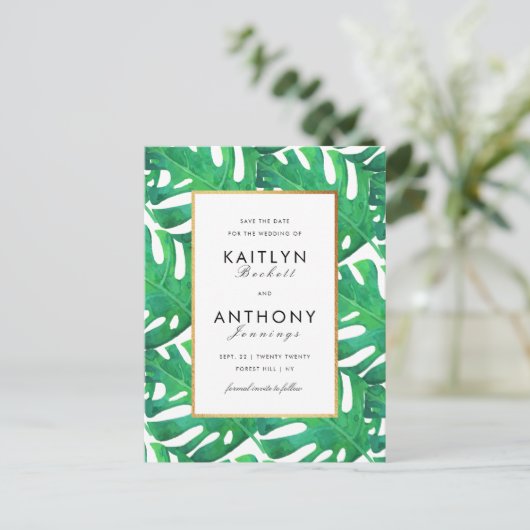 Carte Postale Faire-part Mariage de plage aux feuilles de palmier tropical (Debout devant)