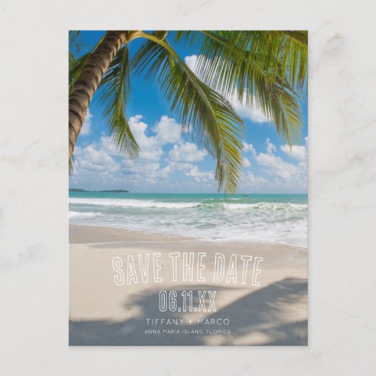 Carte Postale Faire-part Mariage de plage aux palmiers tropicaux - Enregist (Devant)