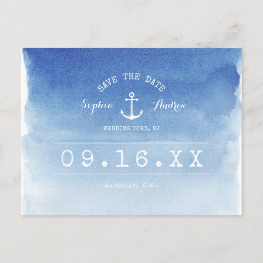 Carte Postale Faire-part Mariage de plage nautique aquarelle enregistrer la (Devant)