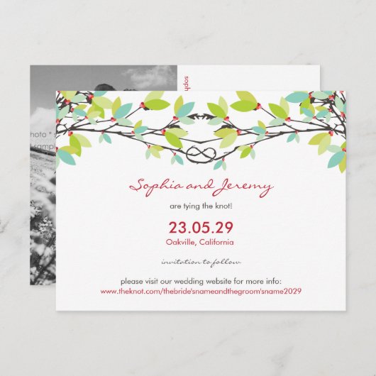 Carte Postale Faire-part Mariage de printemps Arbres de l'amour noués Écono (Devant / Derrière)