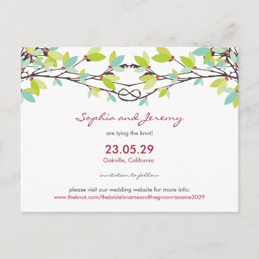 Carte Postale Faire-part Mariage de printemps Arbres de l'amour noués Écono (Devant)