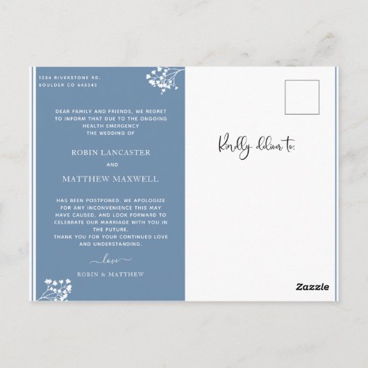 Carte Postale Faire-part Mariage de report bleu Dusty (Dos)