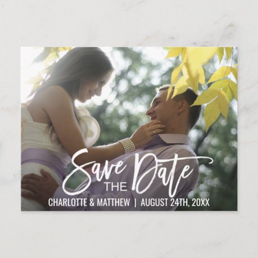 Carte Postale Faire-part Mariage de script blanc moderne ENREGISTRER LA DAT (Devant)